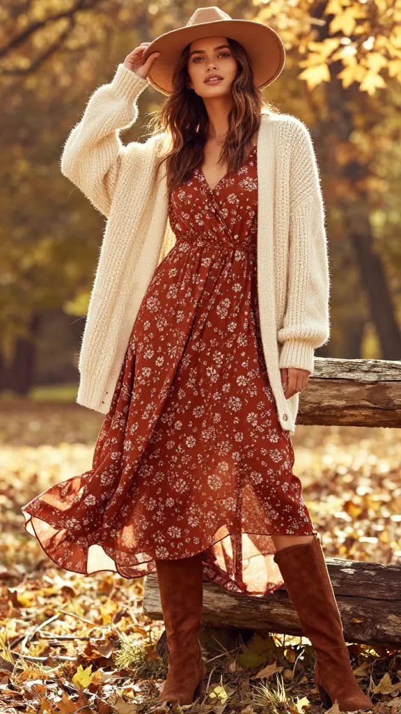 Woman wearing a rust floral maxi dress, cream chunky cardigan, brown tall boots, and tan felt hat for boho fall outfits.