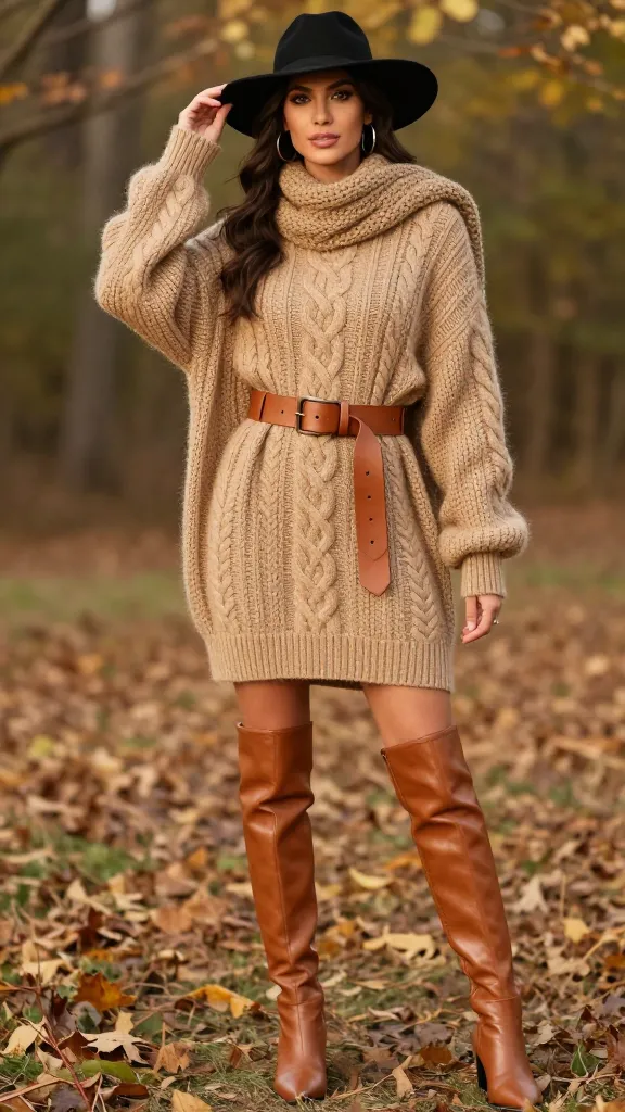 Woman styling an oatmeal or camel sweater dress with tall boots, a felt hat, and soft accessories for a polished fall look.