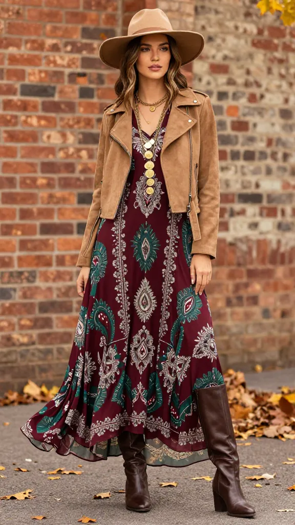 Layered boho fall outfit with a printed maxi dress, cropped jacket, tall boots, felt hat, and oversized scarf.