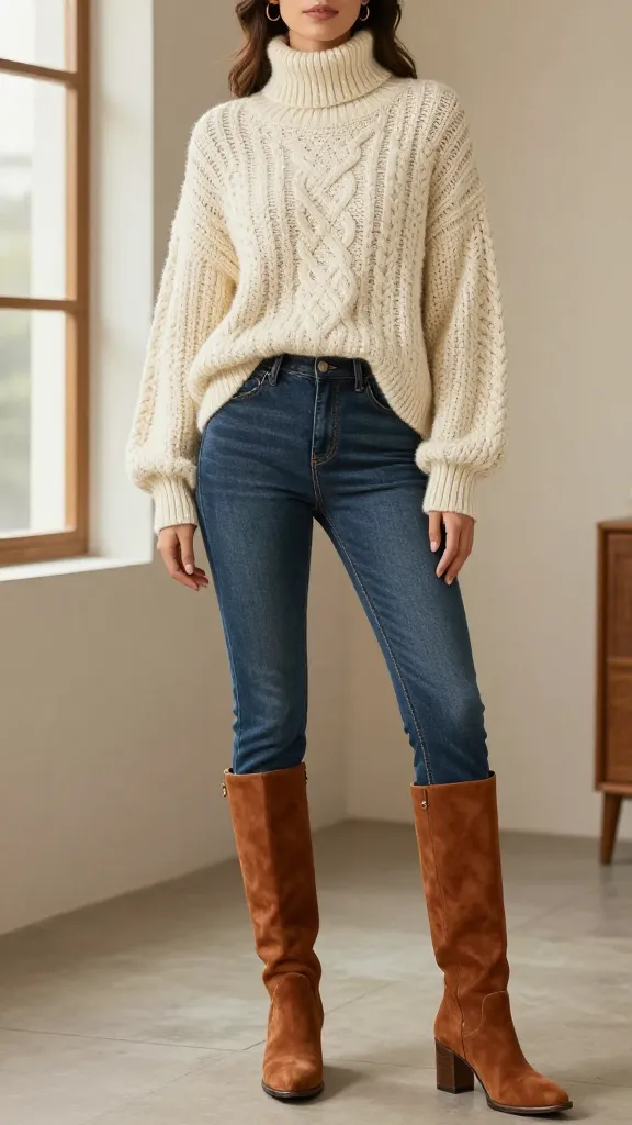 Casual boho fall outfit with an oversized chunky sweater, high-waisted flared jeans, tall brown boots, and fringe details.