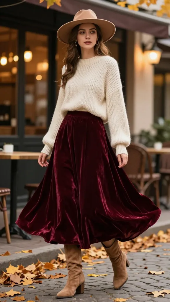 Romantic fall outfit with a chunky knit sweater, flowing maxi skirt, tall boots, felt hat, and delicate layered jewelry.