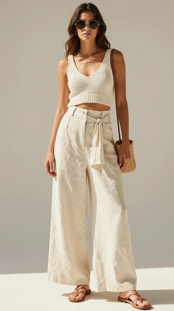 Stylishly chic boho summer outfits featuring high-waisted white linen pants and a cropped crochet tank top.