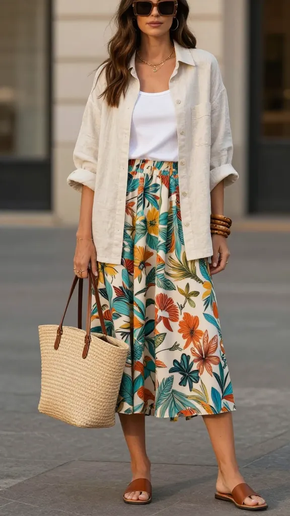 Woman styling a printed midi skirt with a white linen tank top for comfortable and breezy boho summer outfits.
