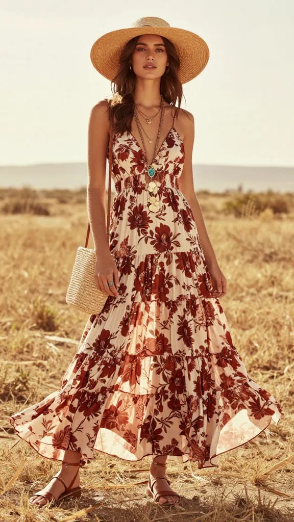Everyday boho outfits featuring a tiered floral maxi dress and straw hat.