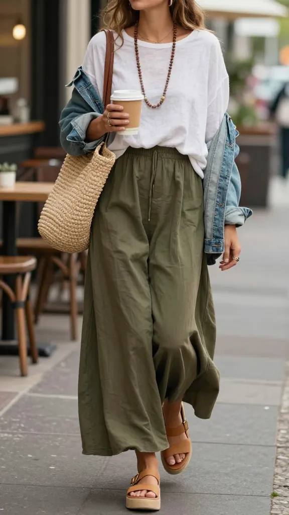 Casual everyday boho look with an olive green maxi skirt and oversized white tee.