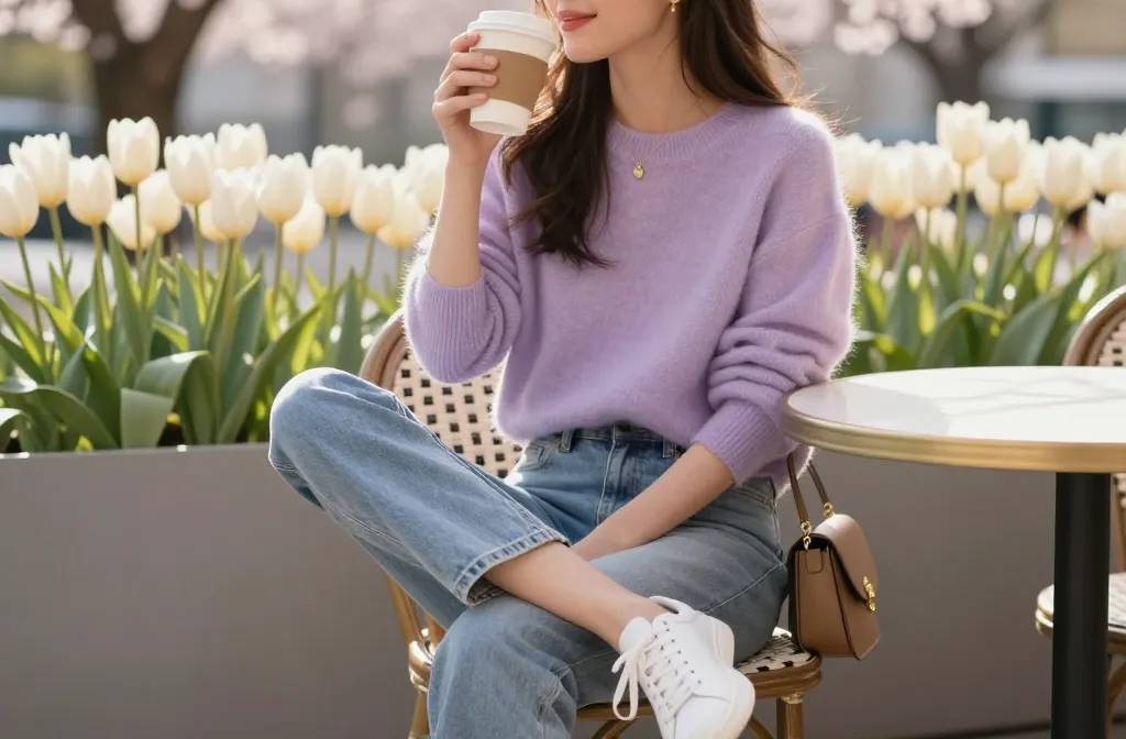Woman wearing casual spring outfits featuring a lavender sweater and light-wash relaxed denim.