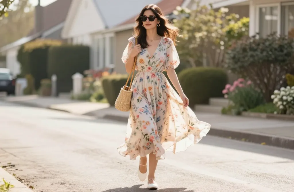 Pastel wrap midi dress with colorful spring accessories and gold bangles