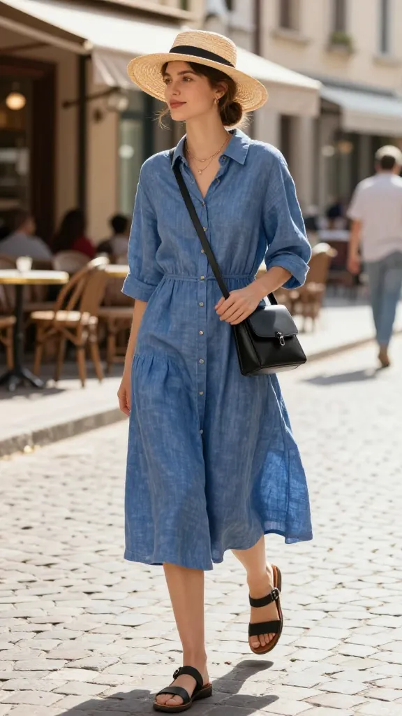 Light blue button-front midi dress and black loafers - 2026 spring fashion trends