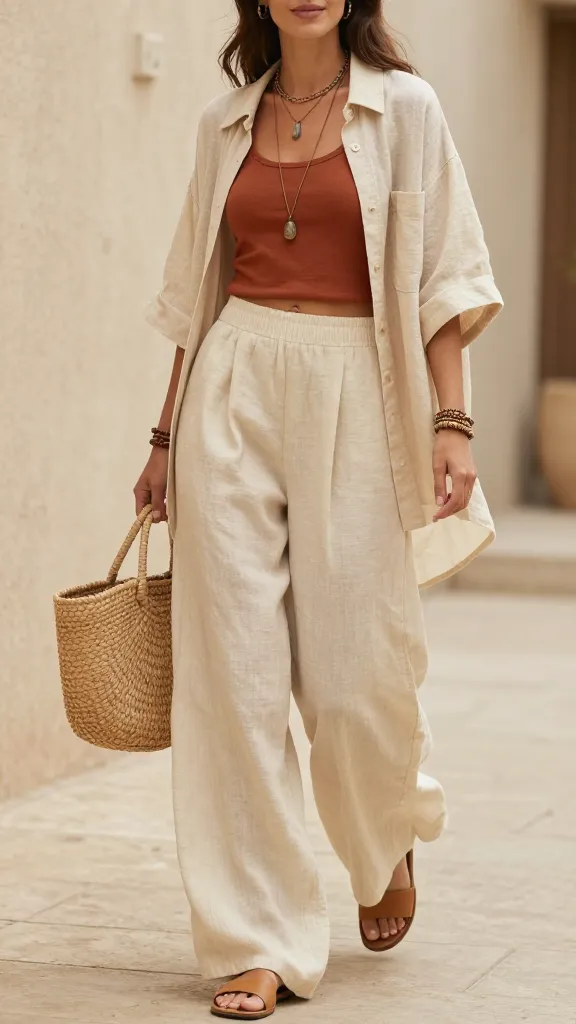 Bohemian style layered linen pants and a rust-colored tank top.