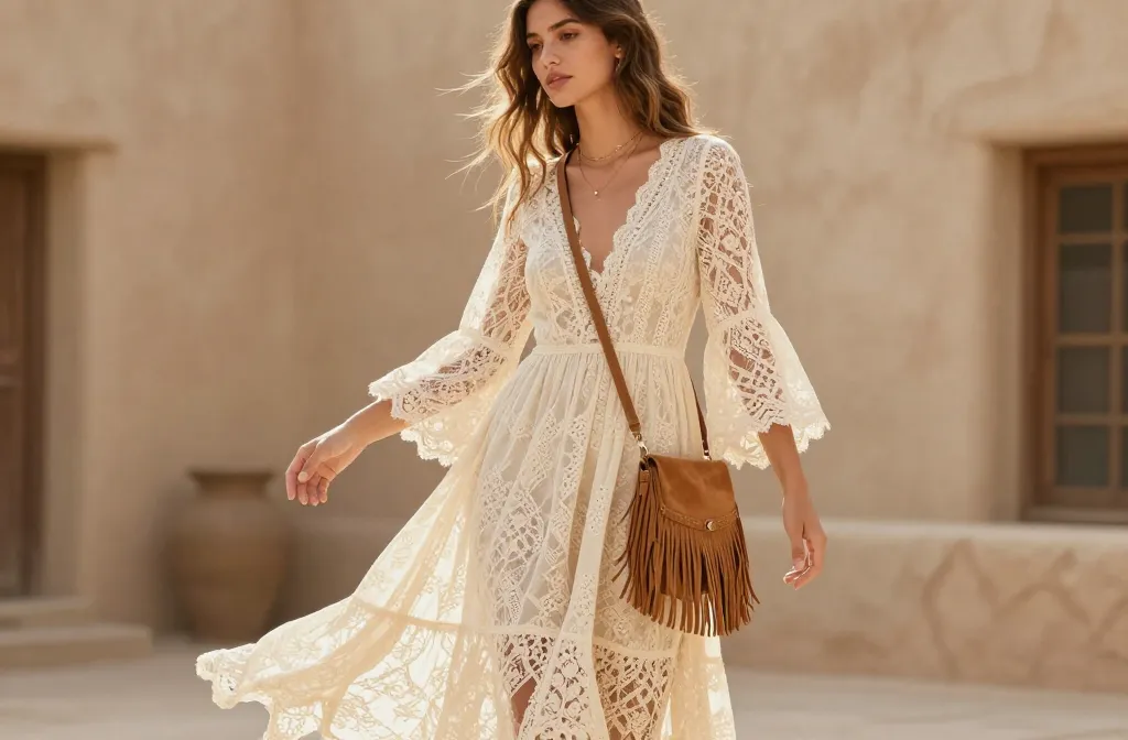 Romantic Boho Outfit Ideas - Lace Maxi Dress and Suede Bag