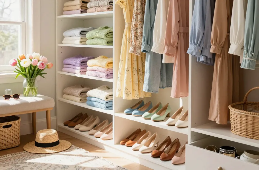 spring closet organization ideas with shoe racks, shelf dividers, and hanging storage