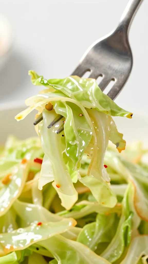 Fork lifting tender saut&eacute;ed cabbage ribbons closeup