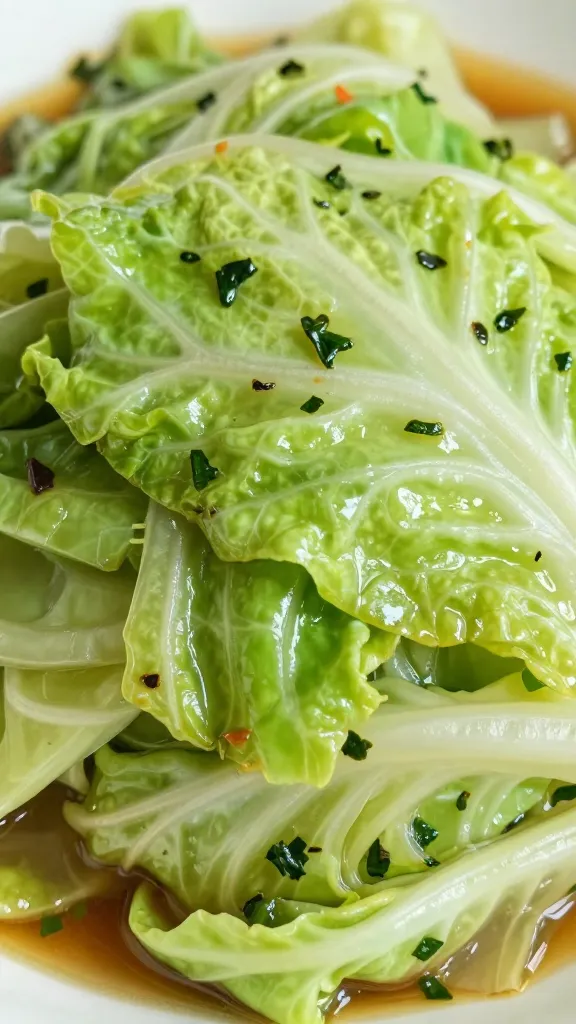 Closeup of braised green cabbage wedges with fresh herbs
