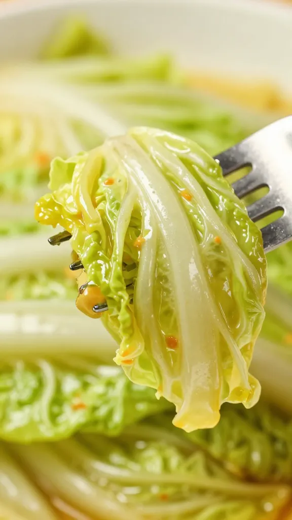 Closeup of fork piercing tender braised cabbage leaf