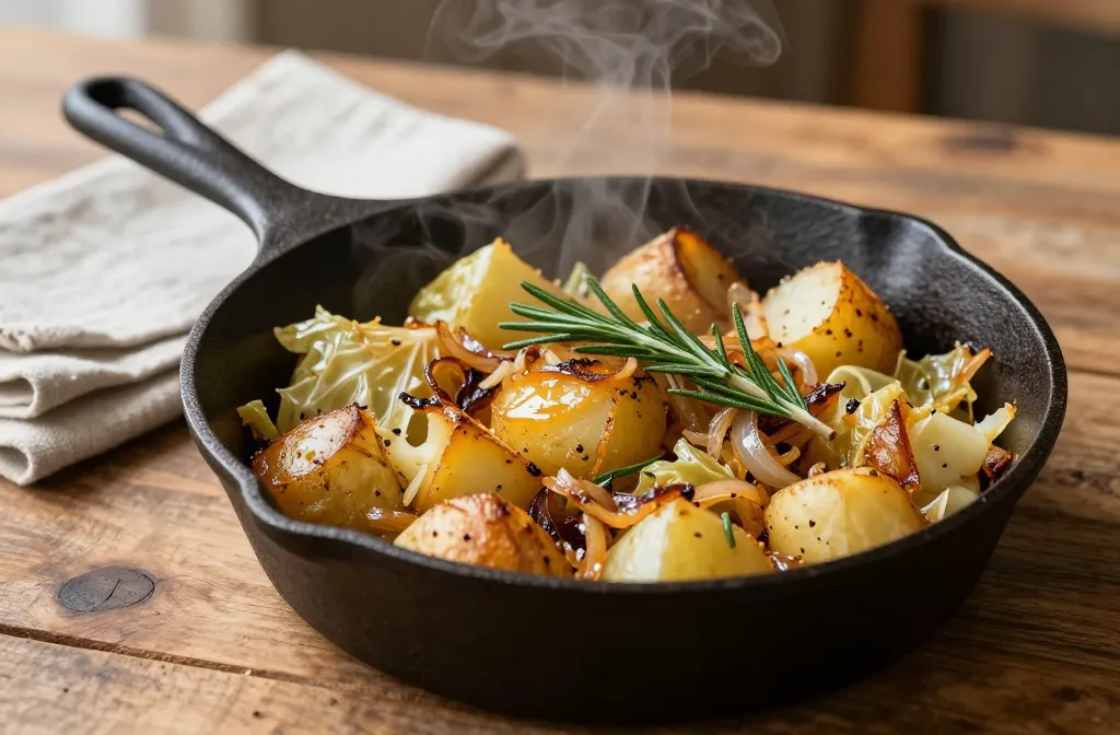 Overhead shot of a rustic cast iron skillet filled with crispy golden-brown potatoes, caramelized onions, and tender cabbage seasoned with fresh rosemary. A perfect example of the viral Cabbage Crush trend, served as a budget-friendly vegan meal. Crispy Skillet Cabbage and Potatoes with rosemary.