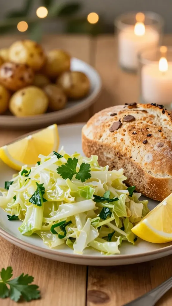 Single lemon wedge on saut&eacute;ed cabbage closeup