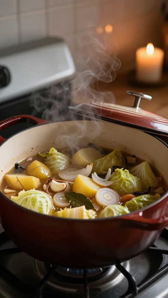 Golden baby potatoes in herbed butter broth overhead shot, Braised Cabbage and Potatoes recipe