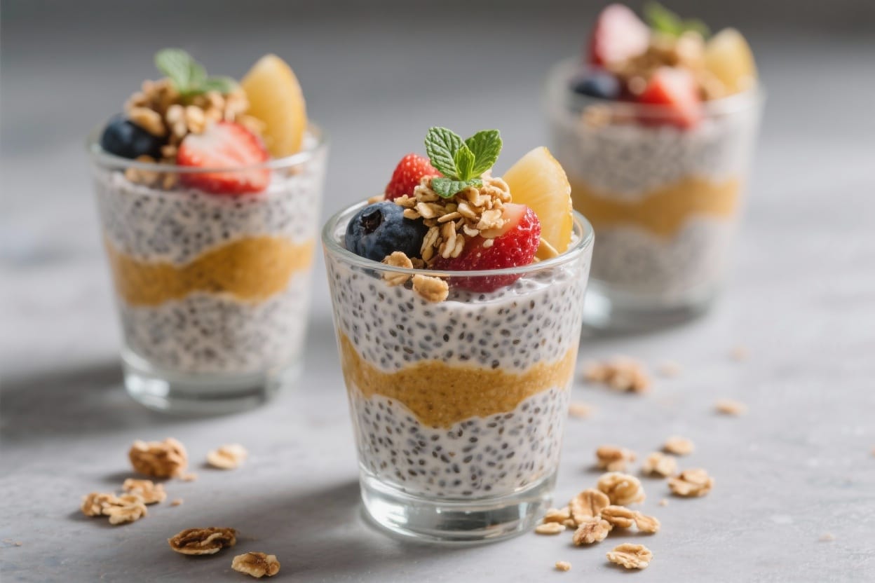 Overhead shot of assembled plant-based chia pudding parfaits in small clear glasses with mango and granola layers.