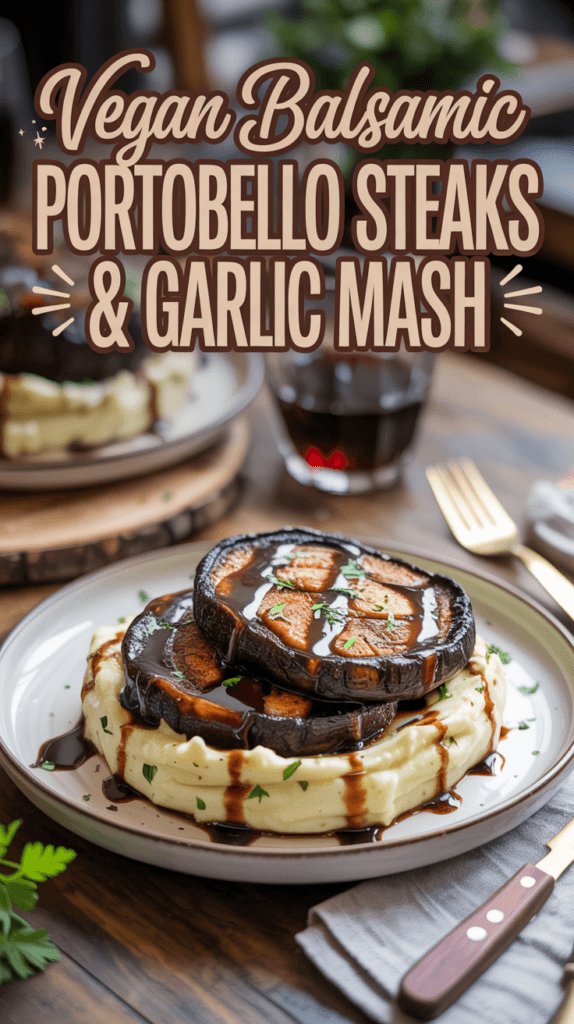Juicy balsamic glazed portobello steaks served over creamy vegan garlic mashed potatoes.