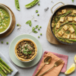 Overhead photo of three high-protein vegan spring dinners: a bright green pea and white bean soup, a lemony tofu and asparagus skillet, and a small dish of lentil shepherd&rsquo;s pie on a light background with fresh herbs, peas, and lemon slices