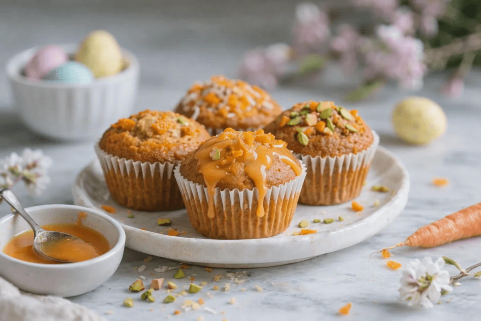 Soft, spiced vegan carrot muffins with a light orange glaze and the prettiest toppings, Overhead view of vegan carrot muffins on a cooling rack with orange glaze, pistachios, coconut, and candied orange peel (vegan carrot muffin recipe)