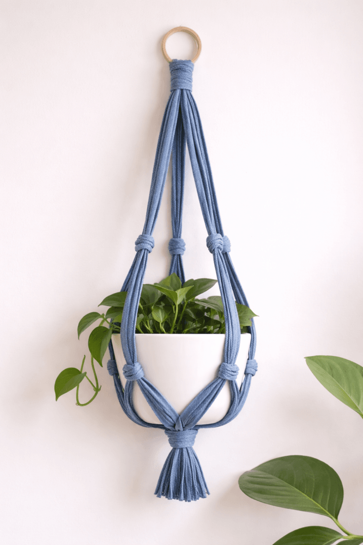 Upcycled denim plant hanger DIY with loop cradle knots supporting a white pot and indoor trailing plant, modern boho home decor
