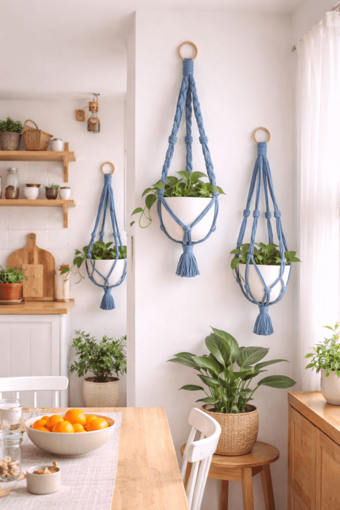 DIY Denim Planters: A bright, cozy kitchen with hanging blue macramé planters adds charm—perfect for plant lovers. Save this craft for your next home decor project!.