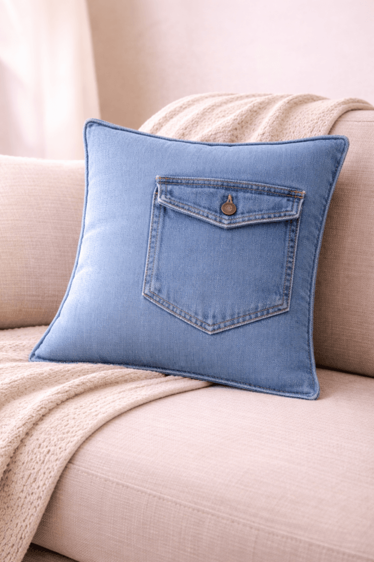 DIY denim pillow cover with pocket detail made from upcycled jeans, featuring a front jean pocket on a blue throw pillow styled on a neutral sofa, easy sewing home decor craft project