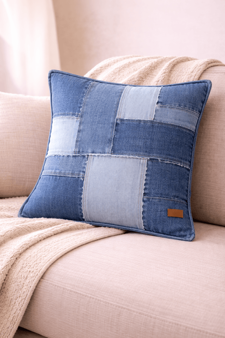 Patchwork denim pillow cover made from upcycled jeans in mixed blue shades, DIY textured throw pillow for cozy modern home decor styled on a neutral sofa