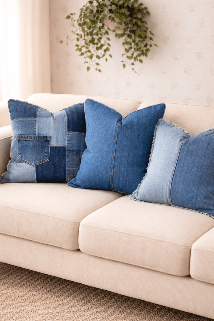 Denim Décor Vibes: Cozy DIY patchwork pillows with frayed edges elevate a sunlit sofa—perfect for unique, upcycled style. Save this craft idea so you can come back to it later.