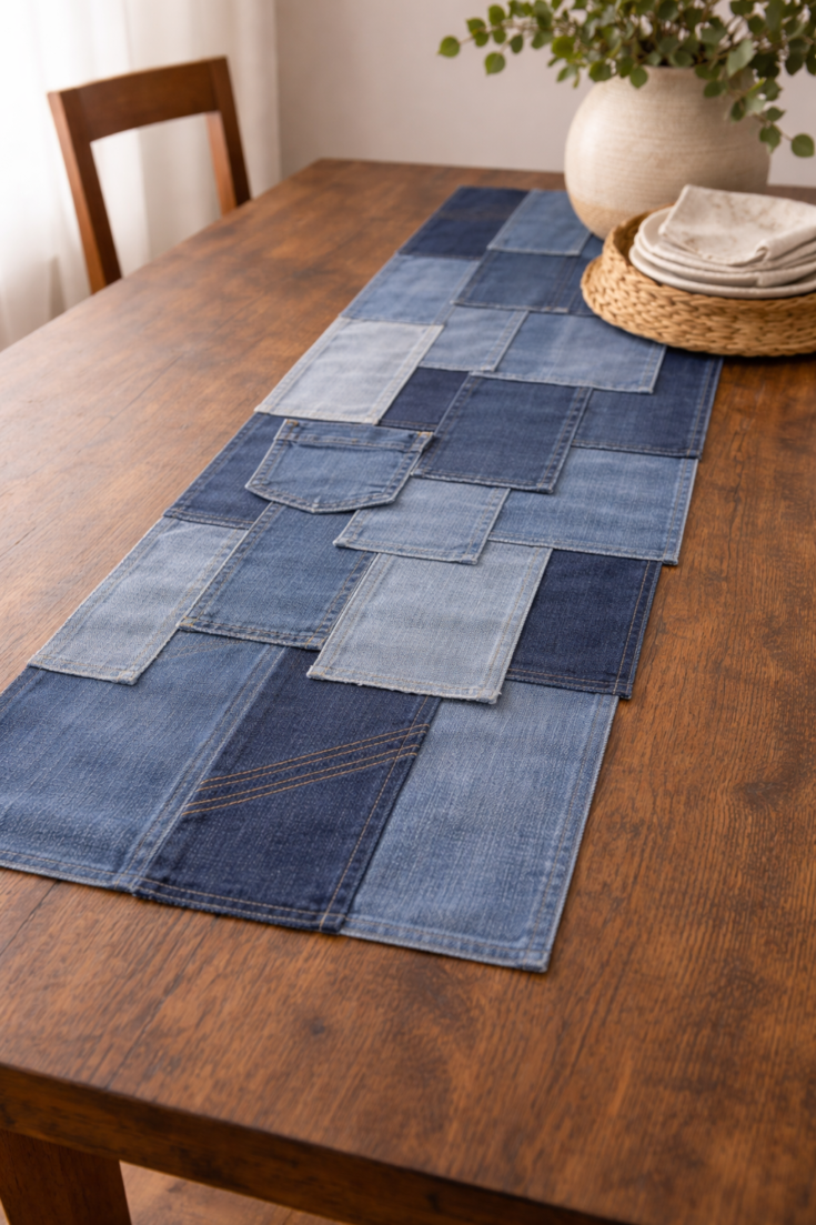Layered staggered DIY denim table runner with overlapping panels in light, medium, and dark washes, featuring visible seams, pocket detail, and dimensional patchwork styling on a wooden dining table with neutral place setting