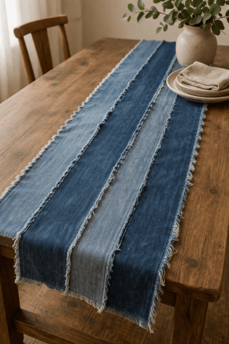 Raw-edge denim table runner with frayed seams in mixed blue washes, styled on a wooden dining table with neutral place setting and greenery, casual textured DIY denim home decor idea
