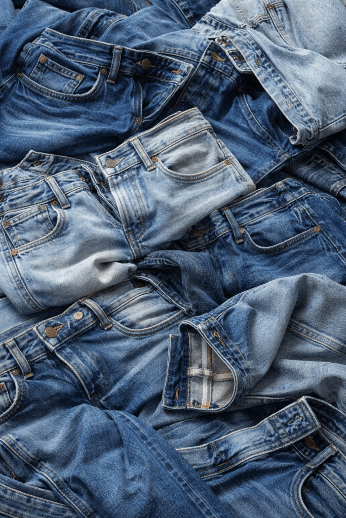 Denim Refresh: Cozy, tactile stack of blue jeans in faded washes highlights pockets and seams—great for upcycling fun. Save this idea so you can come back to it later.