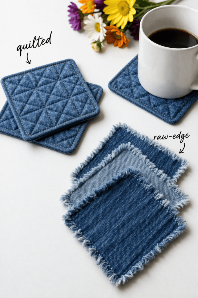 Denim Coaster DIY: Cozy, textured denim coasters—quilted and frayed—hold your mug; perfect for unique, stylish tabletops. Save this idea so you can come back to it later.