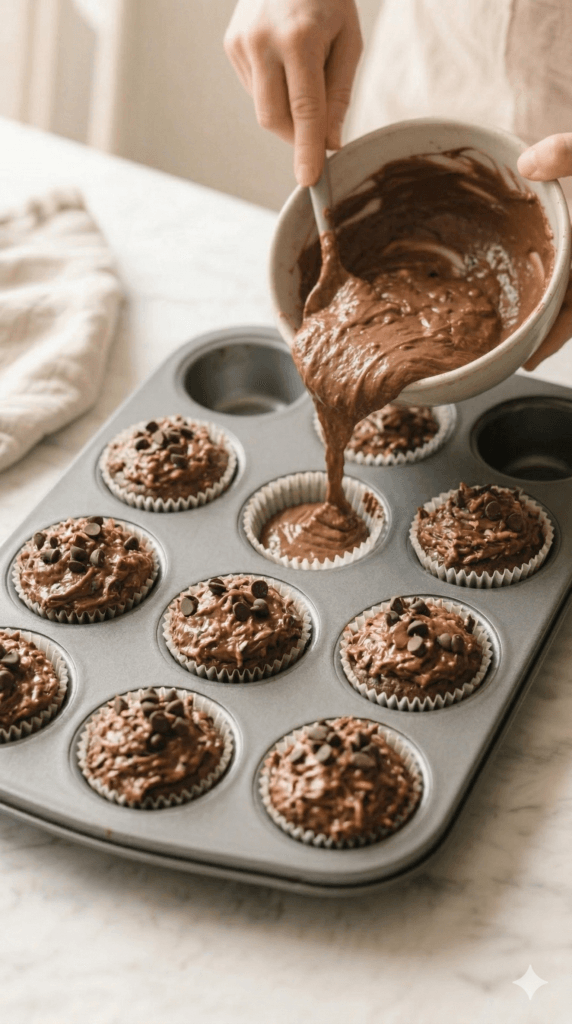 Vegan Chocolate Zucchini Muffins: Rich, plant-based batter fills a marble-set tin with glossy chips&mdash;easy, kid-friendly baking. Save this idea so you can come back to it later.