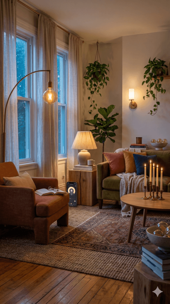 Warm Living Room Refresh: Earthy green sofa, plush brown chair &amp; glowing candles create inviting, calm vibes&mdash;Save this idea so you can come back to it later.