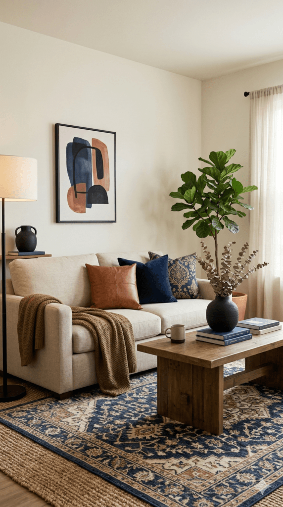 Living Room Refresh: Soft beige sofa, plush blue/brown pillows, natural light&mdash;perfect for relaxing vibes. Save this idea so you can come back to it later.