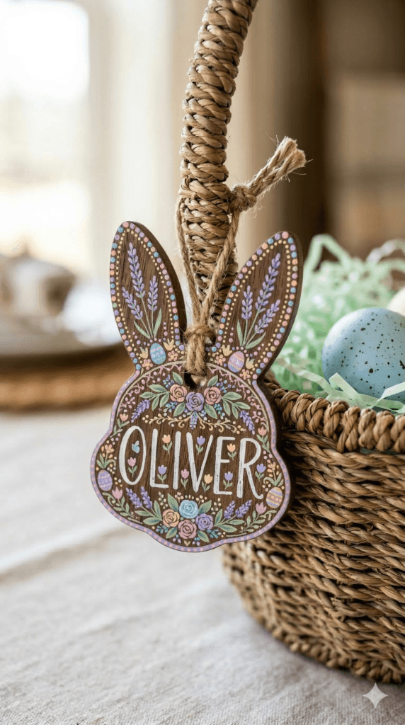 A personalized wooden Easter basket tag with a name hand-lettered in white paint pen, tied with jute twine; a thoughtful and custom Spring and Easter crafts detail.