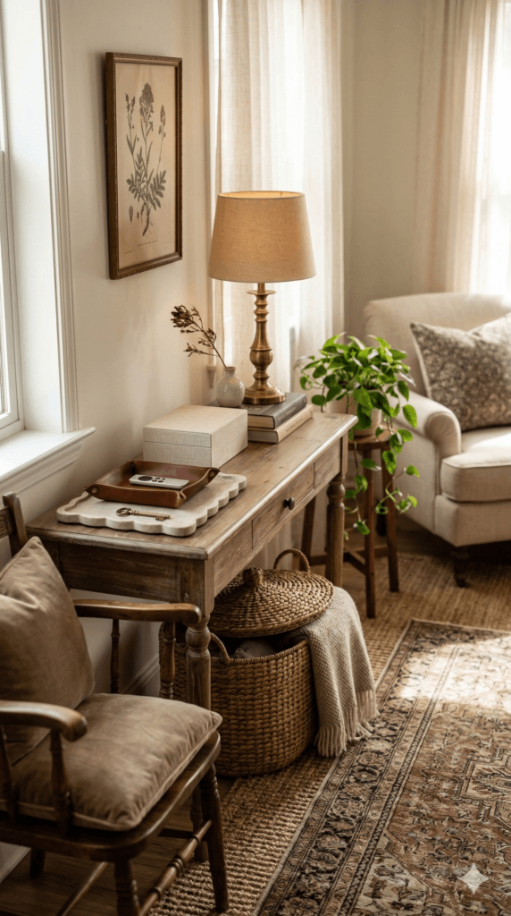 Sunlit Living Room Refresh: Rustic wooden console table, tactile baskets, knit blanket&mdash;inviting space for easy updates. Save this idea so you can come back to it later.