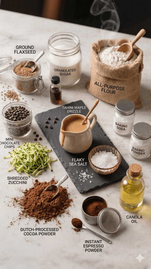 Vegan Zucchini Muffin Prep: Lush marble counter with labeled, fresh, vegan baking fixings&mdash;easy plant-based treat. Save this idea so you can come back to it later.