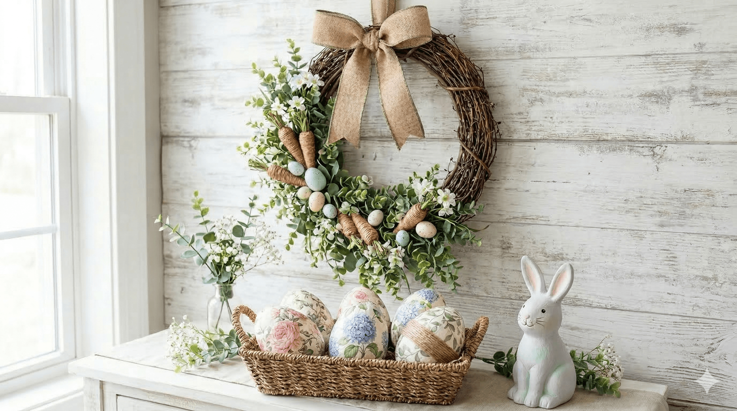 A beautiful flat-lay of Spring and Easter crafts featuring handmade floral decoupage eggs in a rustic basket next to a DIY grapevine wreath with greenery and mini carrots.