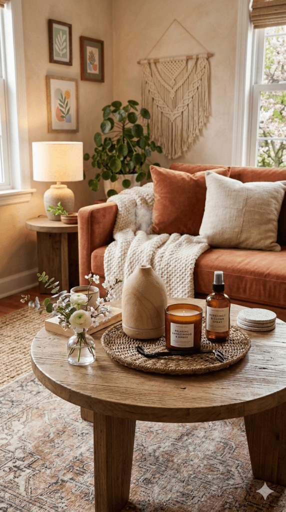 Warm Living Room Refresh: Plush rust sofa, creamy knit blanket, wood table with florals&mdash;inviting and relaxing. Save this idea so you can come back to it later.