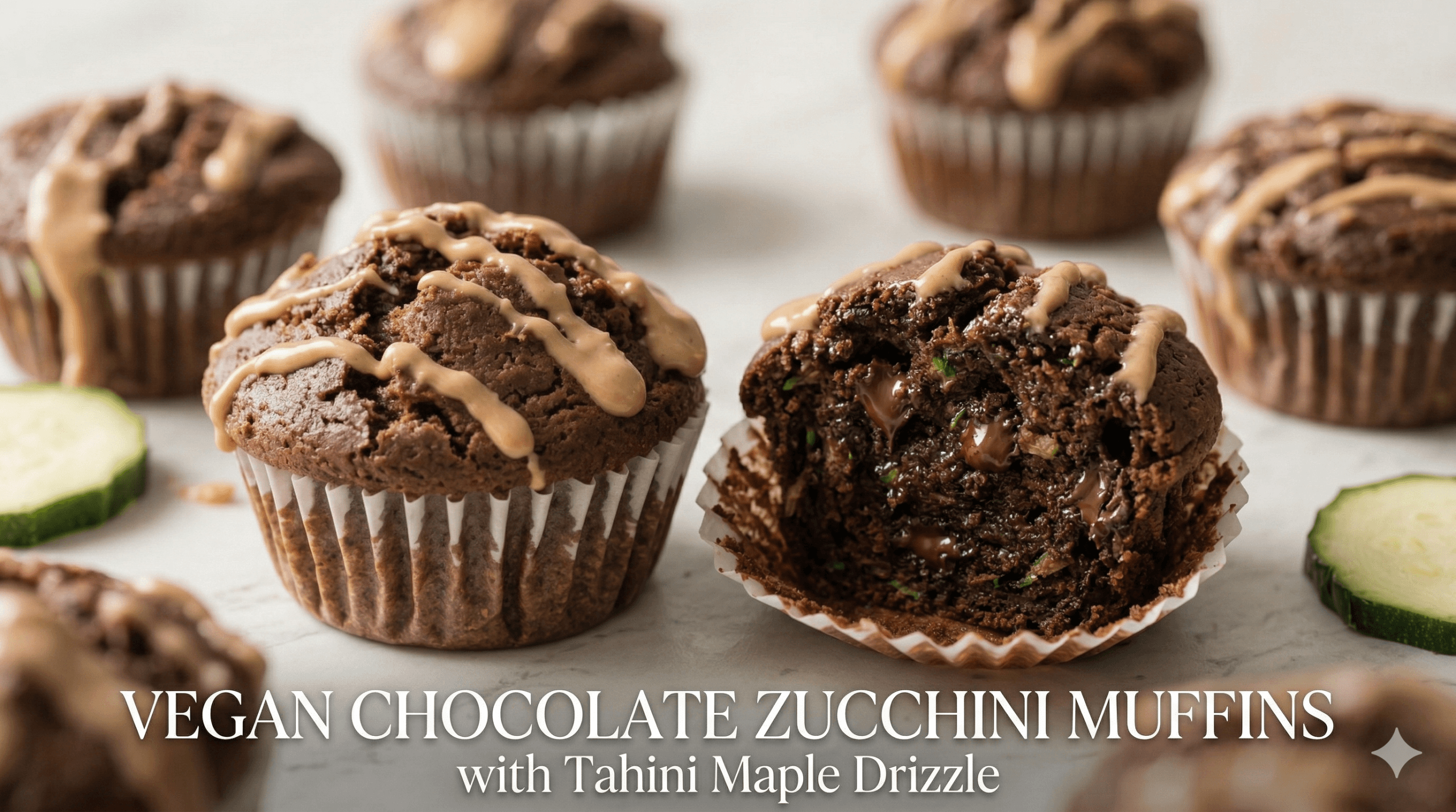 Vegan Zucchini Muffins: Fudgy, moist chocolate treats with maple-tahini drizzle and real zucchini&mdash;great for healthier snacking. Save this idea so you can come back to it later.