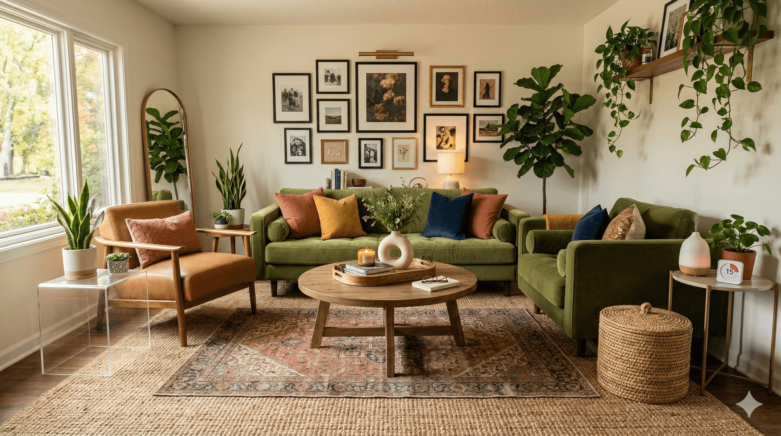 A vibrant, lived-in living room featuring a green velvet sofa, a large gallery wall with mixed frames, layered jute and vintage rugs, and an arched floor mirror, illustrating simple living room refresh ideas for 2026. Simple Living Room Refresh Ideas That Make a Big Difference
