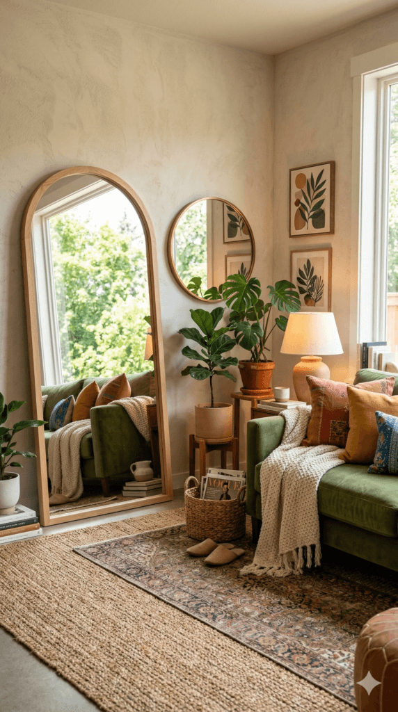 Cozy Living Room Inspiration: Plush green velvet sofa with tactile pillows &amp; rattan touches feels inviting&mdash;perfect for relaxation. Save this idea so you can come back to it later.
