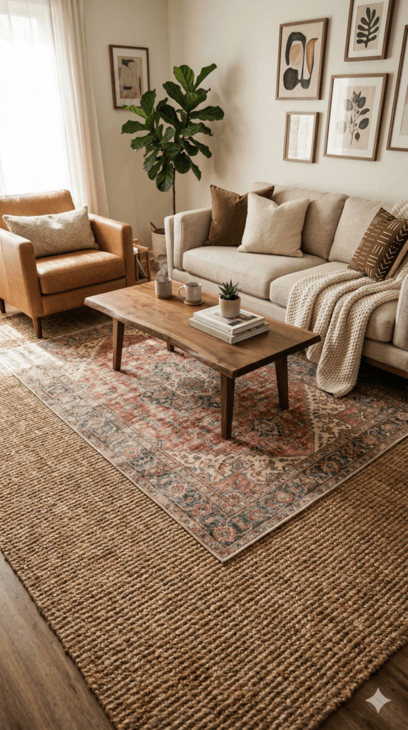 Modern Living Room Makeover: Plush beige sofa, soft rugs, leafy plant&mdash;inviting, sunlit comfort. Save this idea so you can come back to it later.