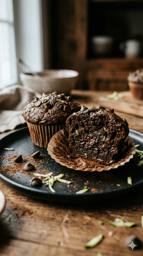 Vegan Chocolate Zucchini Muffins: Moist, rich treats with glossy chips&mdash;perfect for healthy snacking. Save this idea so you can come back to it later.
