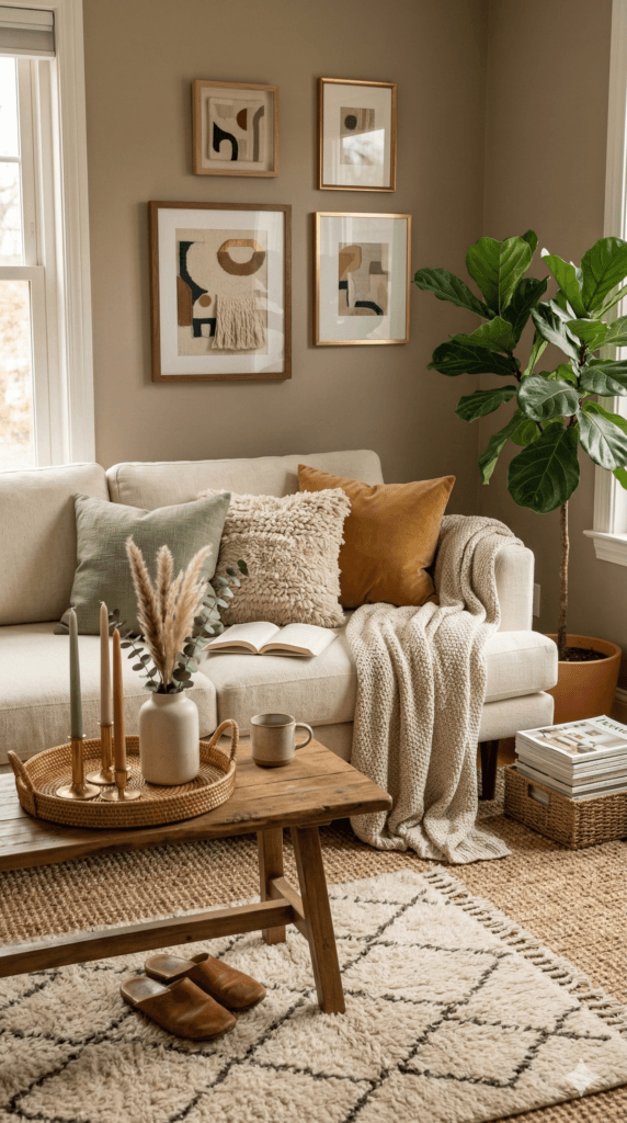 Cozy Living Room Refresh: Plush beige sectional, knit throws, and leafy plants create calm vibes&mdash;adds warmth instantly. Save this idea so you can come back to it later.