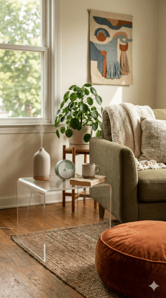 Cozy Living Room Refresh: Plush green sofa with soft knits, sunlit plants, and chic d&eacute;cor&mdash;perfect for relaxing. Save this idea so you can come back to it later.