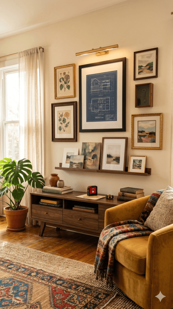 Modern Vintage Living Room Refresh: Sunlit mustard armchair, cozy throw, monstera, wood console&mdash;relax in style. Save this idea so you can come back to it later.